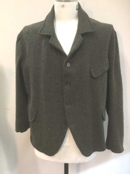 Mens, Jacket 1890s-1910s, N/L, Dk Olive Grn, Moss Green, Charcoal Gray, Brown, Wool, Speckled, 48, Single Breasted, Notched Lapel, 4 Buttons, 3 Faux Non-Functional Pockets, No Lining, Made To Order