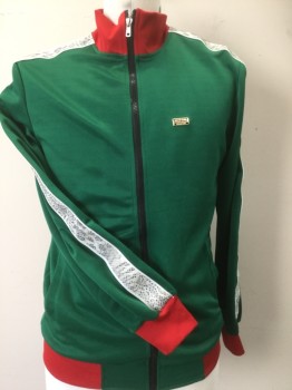 Mens, Sweatsuit Jacket, REASON, Emerald Green, Red, Polyester, Solid, Animal Print, Medium, Zip Up Jacket, White Snake Trim on Arms,  Red Collar, Red Elastic Waist.
