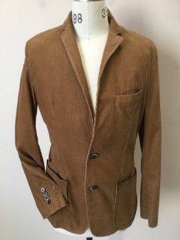 BOSS, Camel Brown, Gray, Lt Brown, Cotton, Solid, Plaid, Camel Corduroy with Light Brown/gray Shadow Plaid Lining, Notched Lapel, Single Breasted, 2 Button Front, 3 Pocket with Brown Leather Trim, 2 Side Split Hem