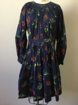 ULLA JOHNSON, Navy Blue, Multi-color, Cotton, Floral, Navy with Multi Color Floral Print, Accordion Pleated Neck & Waist Line, Flare Bottom, Long Sleeves, Zip Back