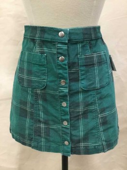 Urban Outfitters, Emerald Green, Charcoal Gray, Cream, Cotton, Spandex, Plaid, Pile Texture (like Velvet) Snap Front, 2 Patch Pockets, Hem Above Knee