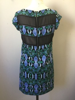 SAM EDELMAN, Black, Emerald Green, Black, White, Polyester, Abstract , Black with Green/Blue/White Abstract Shapes, Cap Sleeves, Wide Scoop Neck, Black Chiffon Horizontal Panels in Back with Open Threadwork Edges, Shift Dress, Knee Length