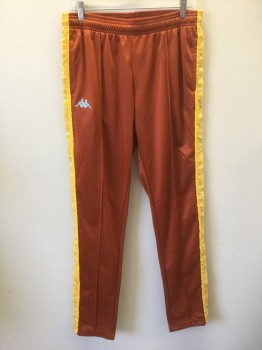 Mens, Sweatsuit Pants, KAPPA, Rust Orange, Yellow, Baby Blue, Polyester, Color Blocking, Human Figure, L, Rust with Yellow Flocked Side Stripe with Human Figures Sitting Back to Back in Repeating Pattern, Elastic Waist, Slim Leg, Light Blue Sitting People Logo at Hip