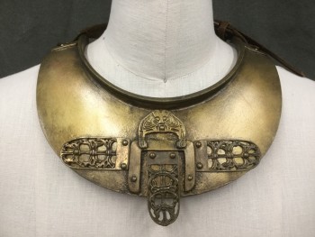 Unisex, Historical Fiction Collar, MTO, Gold, Plastic, Solid, O/S, Painted Plastic Appears Like Gold Metal, Aged, Bronze Metal Ornate Medallions Front with Molded Plastic, Dark Brown Leather Back Belt Strap with Bronze Buckle