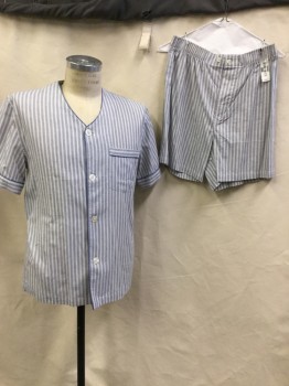 PROTOCOL, White, Navy Blue, Lt Blue, Yellow, Slate Blue, Cotton, Stripes - Vertical , White with Navy/light Blue/yellow Vertical Stripes with Slate Blue Piping Trim, V-neck, Button Front, Short Sleeves, 1 Pocket with Matching Shorts