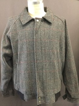 WOOLRICH, Gray, Black, Red, Royal Blue, Green, Wool, Herringbone, Plaid, Collar Attached, Zip Front, Black Ribbed Knit Waist