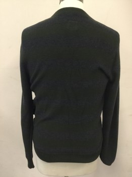 RVCA, Dk Gray, Dk Green, Cotton, Acrylic, Stripes - Vertical , V-neck, Cardigan, Long Sleeves, Embroidered Crest on Left Chest, 5 Buttons, Ribbed Knit Solid Dark Green Waistband/Cuff
