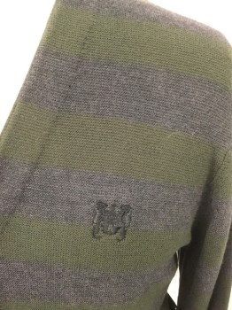 RVCA, Dk Gray, Dk Green, Cotton, Acrylic, Stripes - Vertical , V-neck, Cardigan, Long Sleeves, Embroidered Crest on Left Chest, 5 Buttons, Ribbed Knit Solid Dark Green Waistband/Cuff