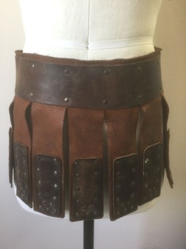 Mens, Historical Fiction Skirt, N/L MTO, Brown, Leather, W32-34, Aged Brown Leather, 3" Wide Belt with Hanging Tabs, Metal Studs Throughout, Metal D-Rings with Leather Thong Laces, Made To Order
