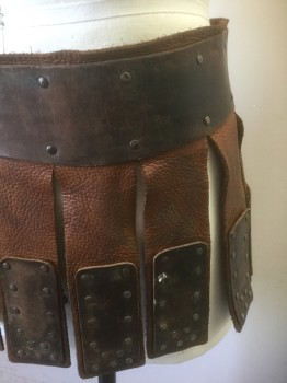 Mens, Historical Fiction Skirt, N/L MTO, Brown, Leather, W32-34, Aged Brown Leather, 3" Wide Belt with Hanging Tabs, Metal Studs Throughout, Metal D-Rings with Leather Thong Laces, Made To Order