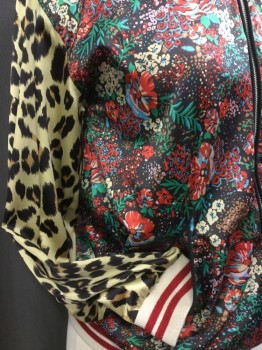 ZARA, Red, Black, Turquoise Blue, Tan Brown, Multi-color, Polyester, Floral, Animal Print, Bomber, Feels Like Silk, Body is Busy Floral, Sleeves Leopard, Sparkle Red on Cream Rib Knit Trim Collar/Cuff/Waistband, Piped Seams