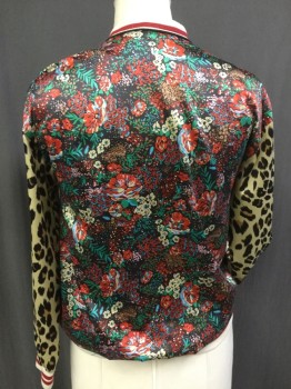 ZARA, Red, Black, Turquoise Blue, Tan Brown, Multi-color, Polyester, Floral, Animal Print, Bomber, Feels Like Silk, Body is Busy Floral, Sleeves Leopard, Sparkle Red on Cream Rib Knit Trim Collar/Cuff/Waistband, Piped Seams