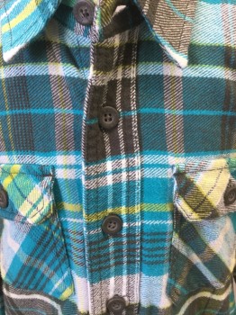 P.S., Gray, White, Yellow, Aqua Blue, Cotton, Plaid, Flannel Shirt, Collar Attached, Button Front, Long Sleeves,