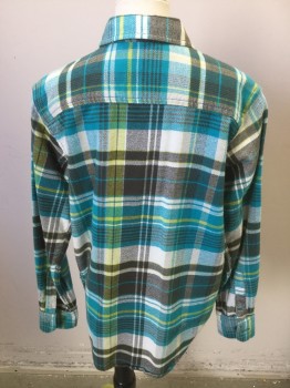 P.S., Gray, White, Yellow, Aqua Blue, Cotton, Plaid, Flannel Shirt, Collar Attached, Button Front, Long Sleeves,
