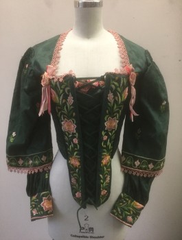 N/L MTO, Forest Green, Lt Pink, Cream, Lime Green, Silk, Paisley/Swirls, Floral, Bodice: Forest Green Paisley Brocade, Light Pink Lace Trim, Square Neck, Long Sleeves with Undersleeve, Lacing/Ties at Front,  Floral Embroidered Stomacher Panel, Lime/Pink/Light Green Floral Embroidery, Made To Order 1600's / 1700's