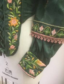 N/L MTO, Forest Green, Lt Pink, Cream, Lime Green, Silk, Paisley/Swirls, Floral, Bodice: Forest Green Paisley Brocade, Light Pink Lace Trim, Square Neck, Long Sleeves with Undersleeve, Lacing/Ties at Front,  Floral Embroidered Stomacher Panel, Lime/Pink/Light Green Floral Embroidery, Made To Order 1600's / 1700's