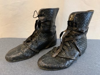 Mens, Historical Fiction Boots , MTO/GAMBA THEATRICAL, Black, Leather, 11, Faux Woven Leather, Gold Tinged, Lace Front, Round Toe, 1 Leather Wrapped Cord From Around Arch, Leather Strap Starting at Sole That Wraps Around Ankle, Medieval