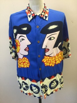 Mens, Club Shirt, MAMBO, Multi-color, Rayon, Human Figure, L, Royal Blue Background with Large Male and Female Profile Faces on Either Side of Chest, Geometric Contrast Pattern on Collar, Cream and Navy Tiki Inspired Pattern at Hem and Sleeve Edges, Short Sleeve Button Front