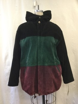 OUTBROOK, Black, Forest Green, Purple, Suede, Synthetic, Color Blocking, Zip Front, Drawstring Bottom, 2 Zip Pockets, Hood