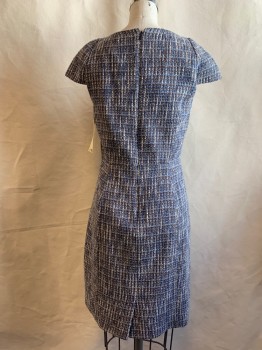 JCREW, Lt Blue, Navy Blue, Brown, White, Cotton, Synthetic, Tweed, Round Neck, Cap Sleeves, Zip Back