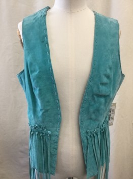 Womens, Leather Vest, CRIPPLE CREEK, Turquoise Blue, Leather, Solid, S, Open Front, Fringed, Western