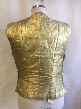 MTO, Bronze Metallic, Gold, Metallic/Metal, Gold Rectangular Medallions Sewn in Stripes Interspersed with Bronze Beads Front, Gold Spray Painted Cotton Back, Scoop Neck, Hook & Eyes Side Closure, Padded Extra Back Panel, Twill Tape for Attached Interior for Holding It Up