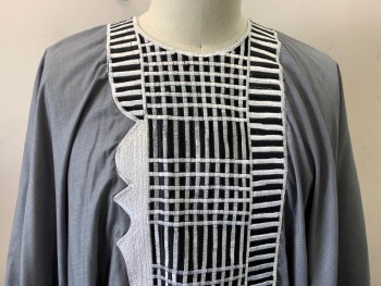 NO LABEL, Gray, White, Black, Synthetic, Geometric, Round Neck, Open Sides, White & Black Geometric Center Front Embroidery, Keyhole Center Back with Hook & Eye