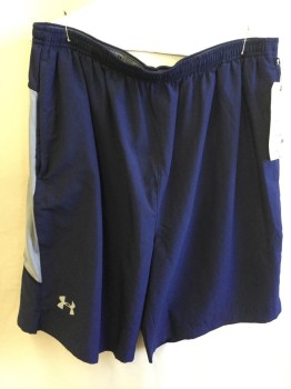 UNDER ARMOUR, Navy Blue, Lt Gray, Polyester, Spandex, Color Blocking, Navy with Bold Gray Side Stripe, Athletic Running, Heat Gear, 2 Pockets, Elastic Waist
