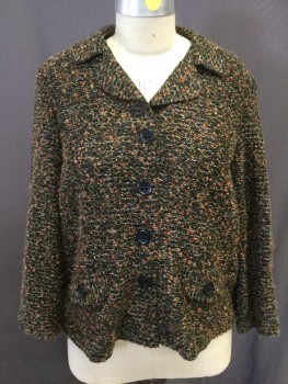 DRESSBARN, Black, Green, Rust Orange, Synthetic, Mottled, Synthetic Boucle Knit. 4 Button Closure Center Front, Notched Lapel, 2 Faux Button Down Pocket Flaps, Belt Tab Detail at Center Back,
