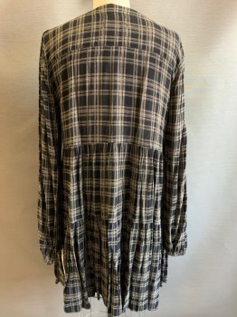 URBAN OUTFITTERS, Black, Tan Brown, Viscose, Plaid, Button Front, V-neck, Gathered Skirt