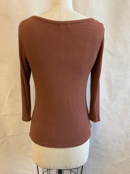 Womens, Top, PST LOS ANGELES, Brown, Rayon, Spandex, Solid, M, Long Sleeves, Bateau/Boat Neck, Rib Knit, MULTIPLES