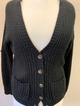 Womens, Sweater, BDG, Black, Acrylic, Solid, S, Button Front, 2 Pocket, Cable Knit Braided Center Back
