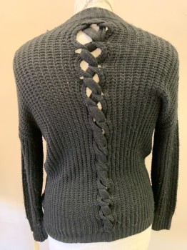BDG, Black, Acrylic, Solid, Button Front, 2 Pocket, Cable Knit Braided Center Back