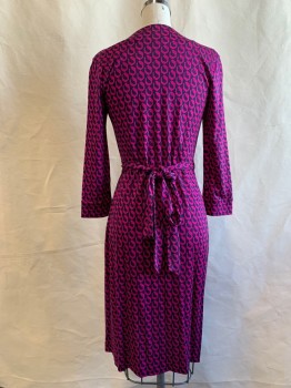 DVF, Magenta Purple, Black, Silk, Geometric, Wrap Dress, 3/4 Sleeve, Knee Length, Self Attached Belt