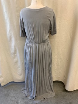 Womens, Dress, Short Sleeve, PINK I & PINK JIN, Gray, Cotton, Solid, W: 35-, B: 40, 37, Scoop Neck, Short Sleeves, 2 Pockets, Gathered at Waist, Pleated Skirt, Button Front Skirt, Floor Length Hem