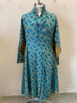 Mens, Historical Fiction Robe, MTO, Turquoise Blue, Gold, Silk, Metallic/Metal, Paisley/Swirls, L, Bell Sleeves, Metal Coin Embellished on Cuffs & Hem, Self Tie Wrap, Side Slits & Back Slit, Stand Collar,