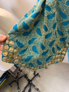 Mens, Historical Fiction Robe, MTO, Turquoise Blue, Gold, Silk, Metallic/Metal, Paisley/Swirls, L, Bell Sleeves, Metal Coin Embellished on Cuffs & Hem, Self Tie Wrap, Side Slits & Back Slit, Stand Collar,