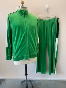 SWEATSEDO, Green, Poly/Cotton, Velour, Black & White Color Block on Shoulder & Sleeve, Black Piping, Stand Collar, Zip Front, L/S, Rib Knit Collar, Waist, & Cuffs