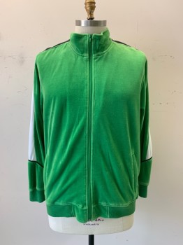SWEATSEDO, Green, Poly/Cotton, Velour, Black & White Color Block on Shoulder & Sleeve, Black Piping, Stand Collar, Zip Front, L/S, Rib Knit Collar, Waist, & Cuffs