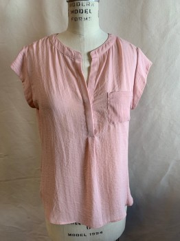 LIZ CLAIBORNE, Dusty Pink, Polyester, Solid, V-neck, Short Sleeves, 1/2 Placket, 2 Buttons, 1 Pocket, Pleats at Back Neck