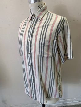 Mens, Casual Shirt, PAR FOUR, Ecru, Gray, Cherry Red, Cotton, Stripes - Vertical , N:15.5, Very Lightweight Cotton, Short Sleeves, Button Front, Collar Attached, Button Down Collar, 1 Patch Pocket with Button