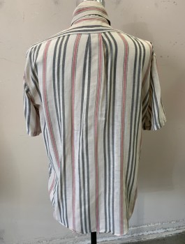 Mens, Casual Shirt, PAR FOUR, Ecru, Gray, Cherry Red, Cotton, Stripes - Vertical , N:15.5, Very Lightweight Cotton, Short Sleeves, Button Front, Collar Attached, Button Down Collar, 1 Patch Pocket with Button