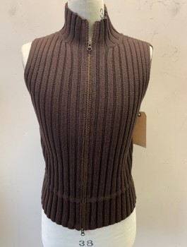 Mens, Sweater Vest, MARSH LANDING, Brown, Cotton, Solid, C 36, S, Metal 2-way Zip Front, Turtleneck, Wide Ribs