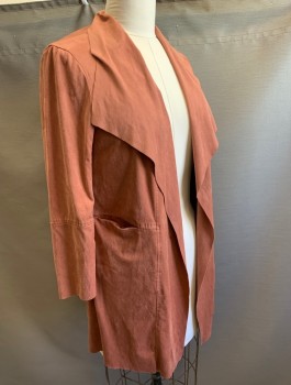 Womens, Casual Jacket, MAX STUDIO, Terracotta Brown, Polyester, Spandex, Solid, L, Stretchy Microsuede, Open at Front with No Closures, 2 Welt Pockets at Waist Seam, No Lining, Hip Length