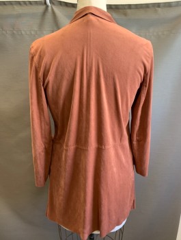 MAX STUDIO, Terracotta Brown, Polyester, Spandex, Solid, Stretchy Microsuede, Open at Front with No Closures, 2 Welt Pockets at Waist Seam, No Lining, Hip Length