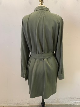 TOP SHOP, Olive Green, Tencel, Solid, C.A., Button Front, 2 Pockets, Bttn. at Upper Sleeve with Tab on Inside of Sleeve, Matching Belt