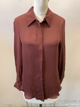 HAUTE HIPPIE, Maroon Red, Silk, Solid, Long Sleeves, Button Front, 8 Buttons, 2 Button Cuffs, Gold Plastic Buttons