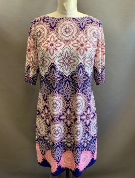 ELIZA J., White, Navy Blue, Salmon Pink, Polyester, Spandex, Abstract , Medallion Pattern, Stretchy Fabric, 3/4 Sleeves, Boat Neck, Shift Dress, Hem Above Knee, Exposed Gold Zipper in Back