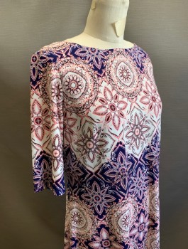 ELIZA J., White, Navy Blue, Salmon Pink, Polyester, Spandex, Abstract , Medallion Pattern, Stretchy Fabric, 3/4 Sleeves, Boat Neck, Shift Dress, Hem Above Knee, Exposed Gold Zipper in Back