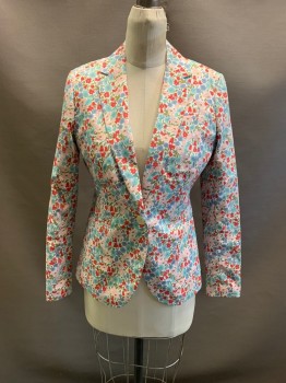 J. CREW, White, Sage Green, Dusty Blue, Red, Olive Green, Poly/Cotton, Elastane, Floral, Notched Lapel, Single Breasted, Button Front, 1 Button